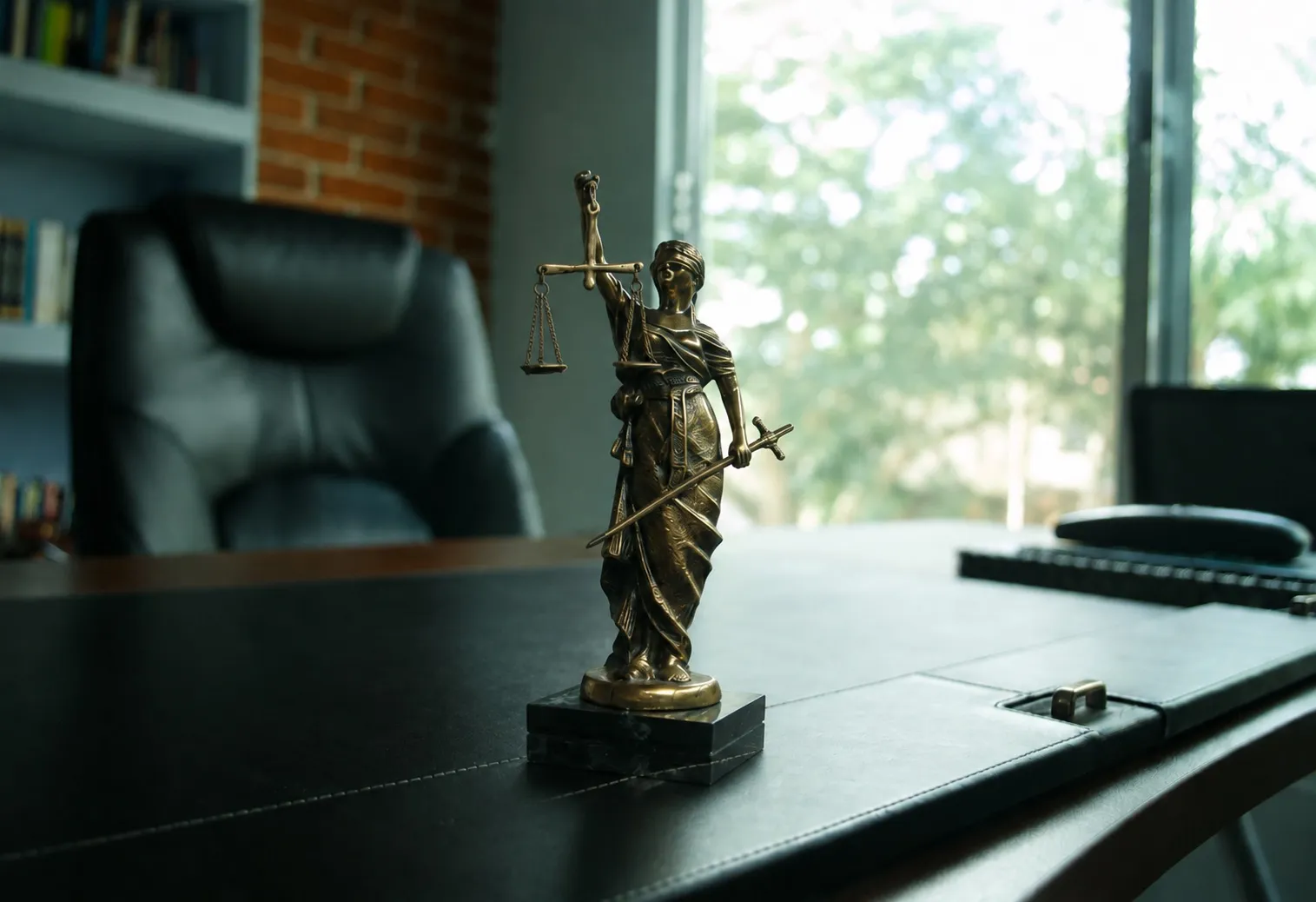 Figura de la justicia sobre el escritorio de la notaría